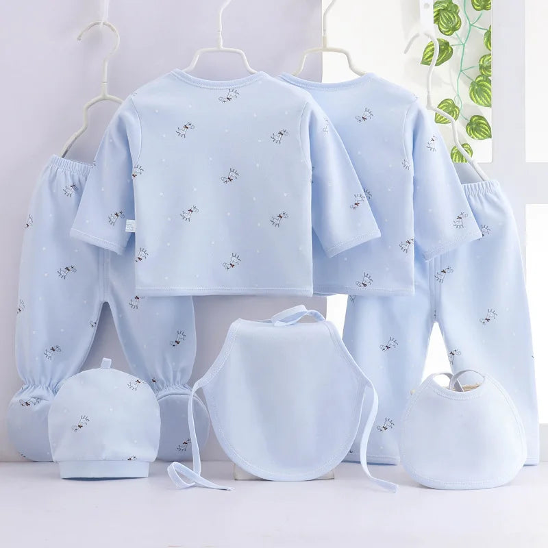 7-Piece Newborn Baby Clothing Set – Cotton T-Shirt, Pants, Hat, Cute Cartoon Outfit for Boys & Girls